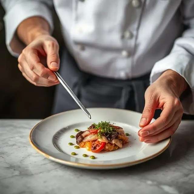 A chef plating a dish on a custom ceramic plate.