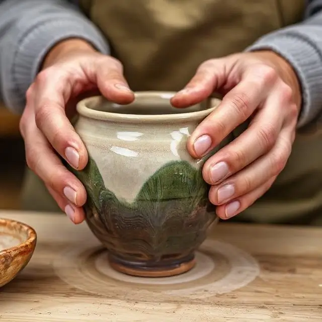 Hands glazing a finished pot