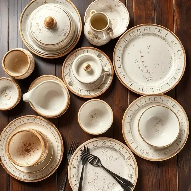 A spread of ceramic dinnerware.