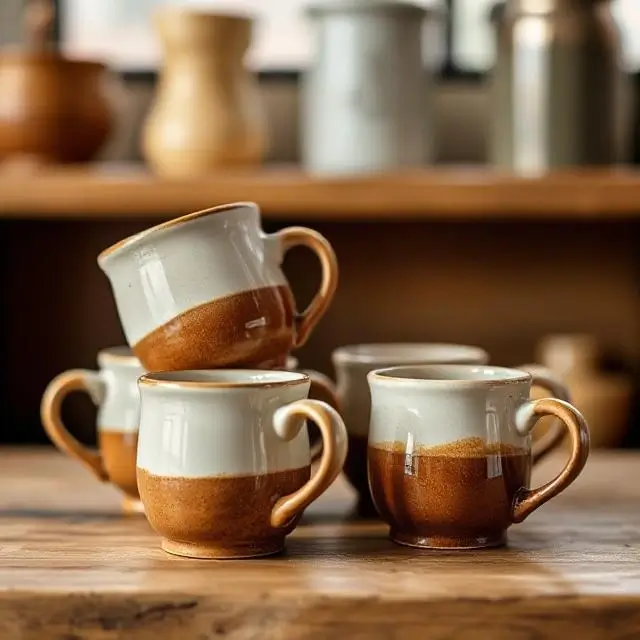 A set of ceramic mugs.