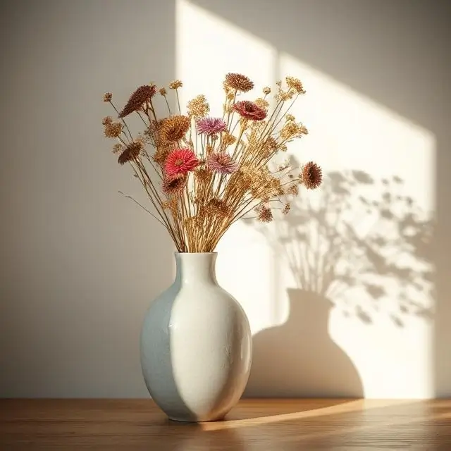 A beautifully lit shot of a ceramic vase with dried flowers.