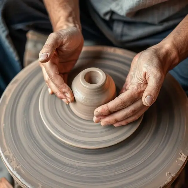 Hands throwing clay on a wheel.