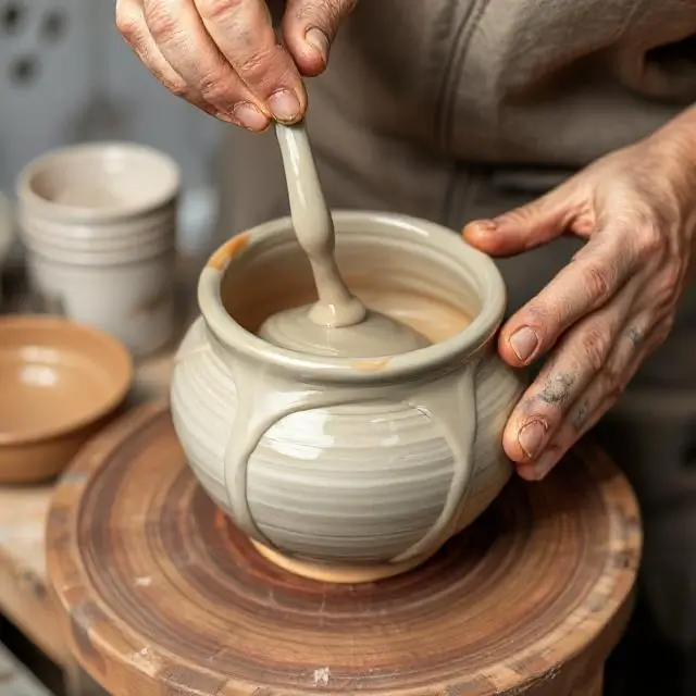 Glaze being applied to a pot.