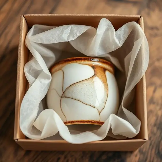 A beautifully packaged ceramic item in a box with tissue paper.