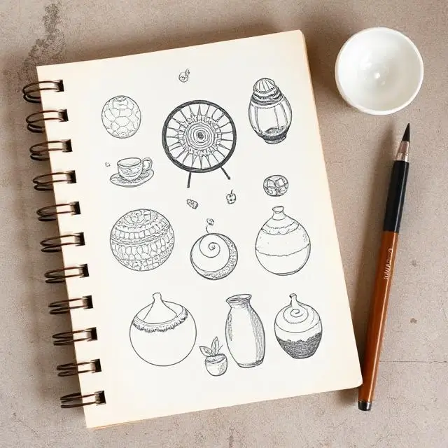 A sketchbook with designs for ceramic pieces.