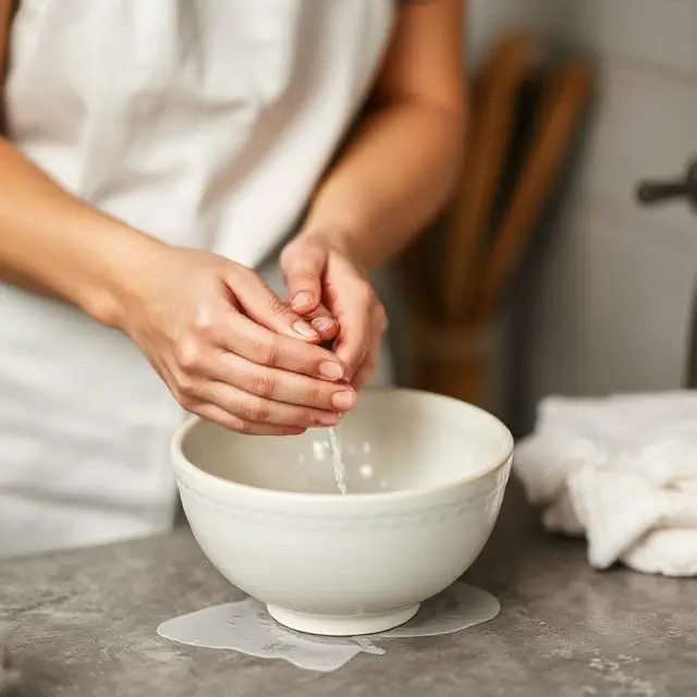 A person gently washing a ceramic bowl.