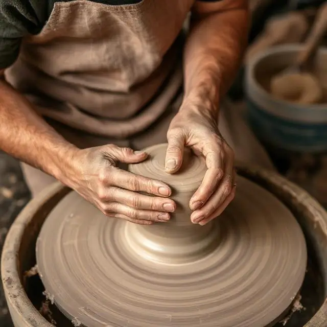 Artisan shaping clay on a pottery wheel