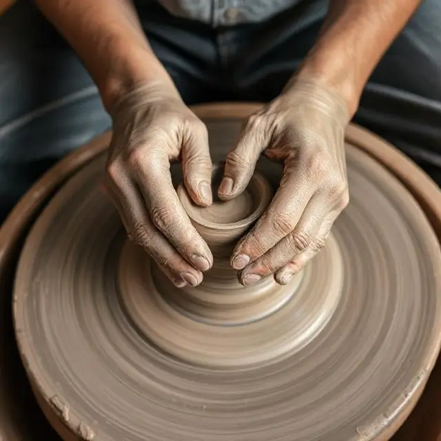 Potter's hands covered in clay at the wheel