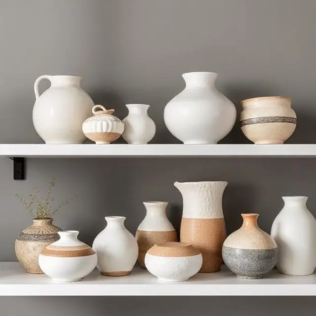 Ceramic pieces styled on a modern shelf