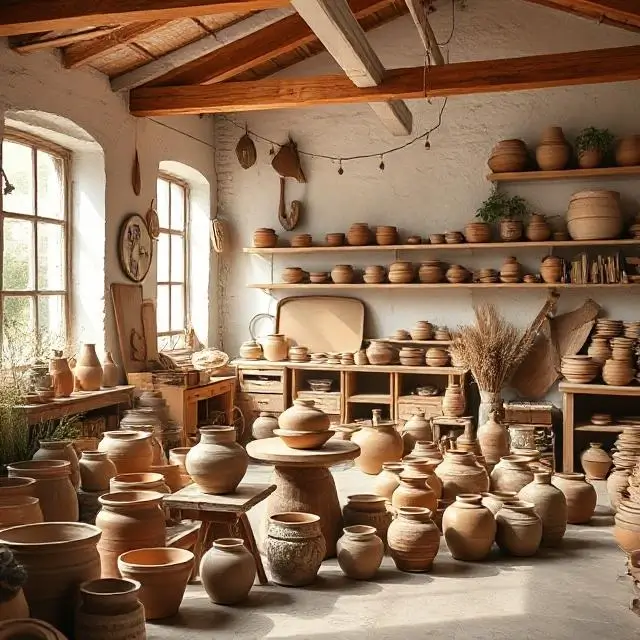 Wide shot of the bright pottery studio