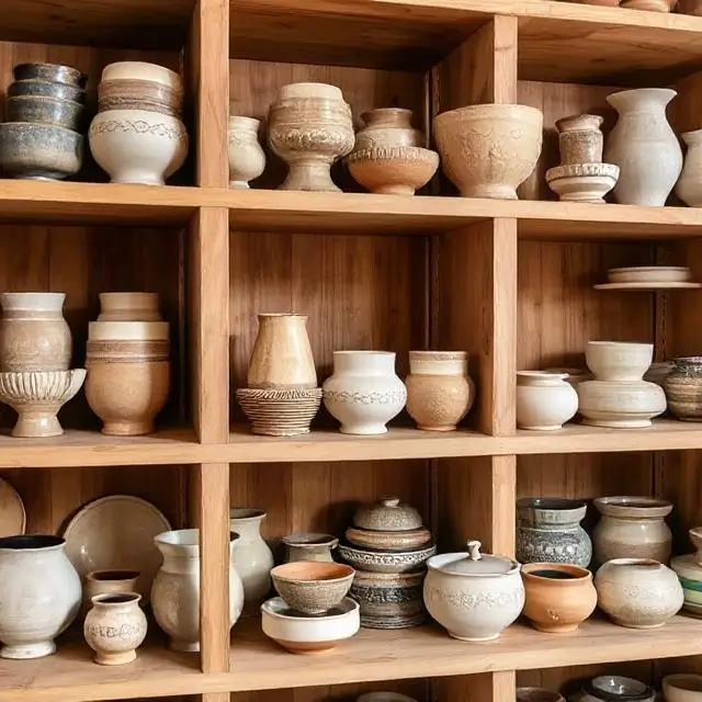 Shelves filled with finished ceramic pieces